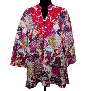 Charter Club Linen Paisley Floral Embroidered Tunic Blouse Large